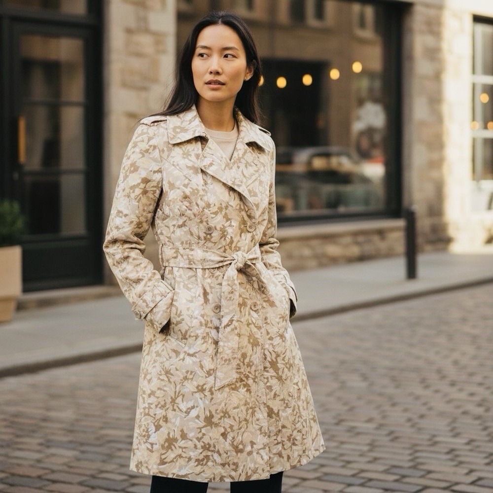 New York & Co Women's Camouflage Belted Beige Double-Breasted Trench Coat Size 4